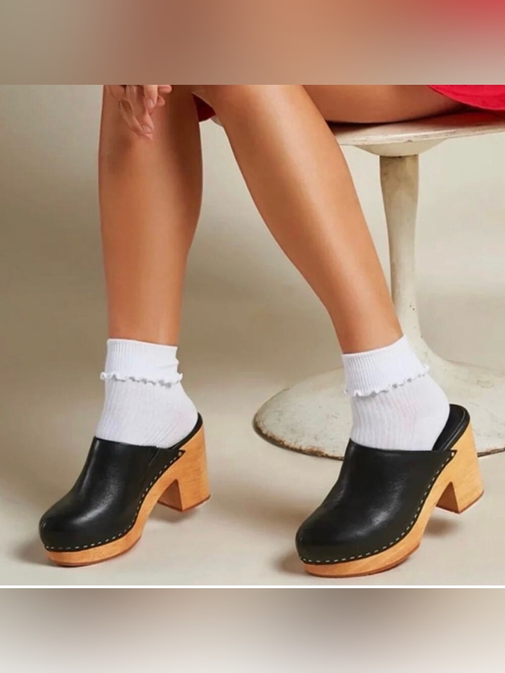 Charlotte Stone Black Leather Clog Mules with Wood Block Heel
